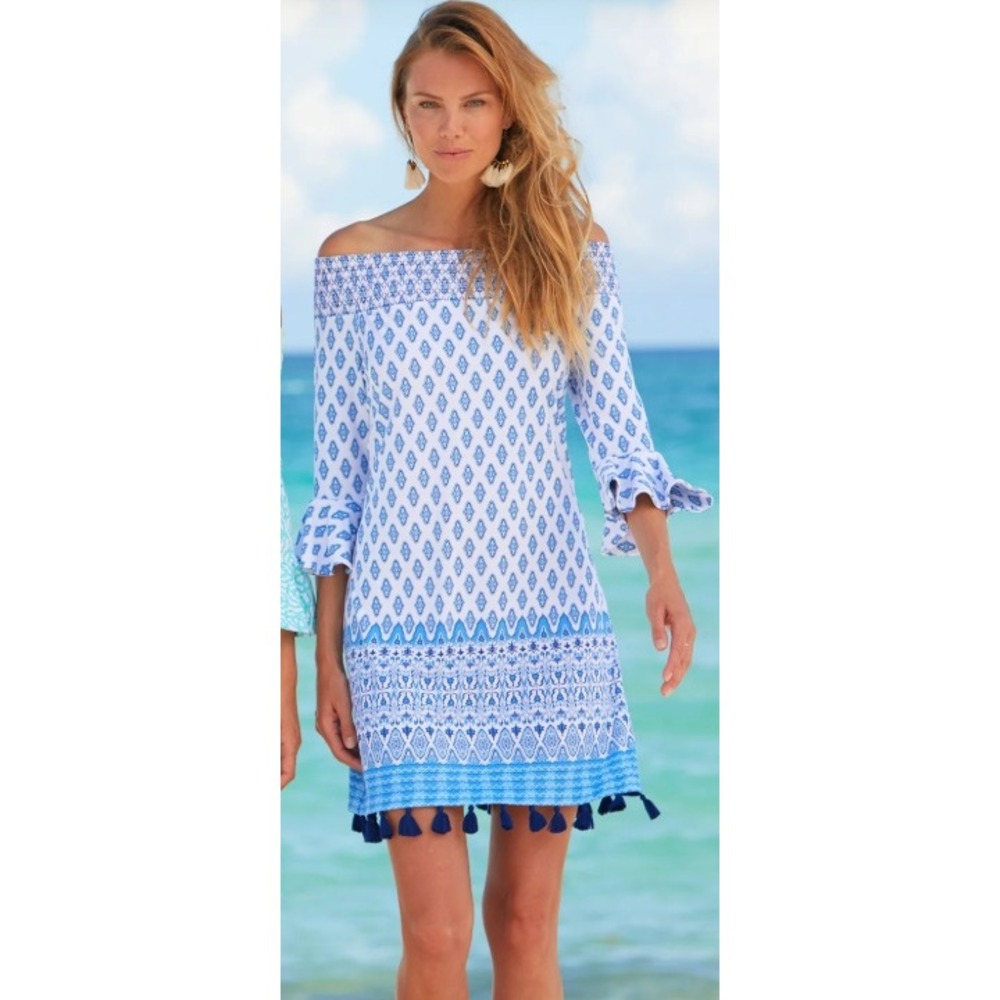 Cabana Life Women S Dress Blue White Boho Tassel Off Shoulder Bell Sleeve Beach
